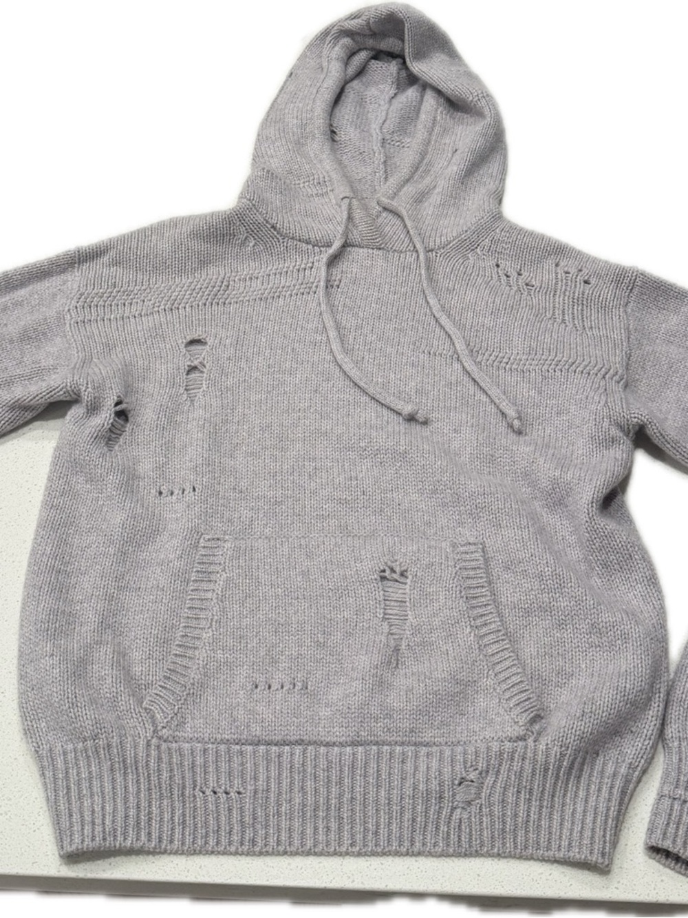 Helmut Lang Light Gray Distressed Knit Crewneck Hoodie
